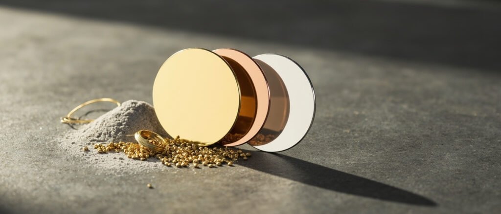 Trois disques d'or blanc, jaune, rose, granules d'or et poudre de rhodium.