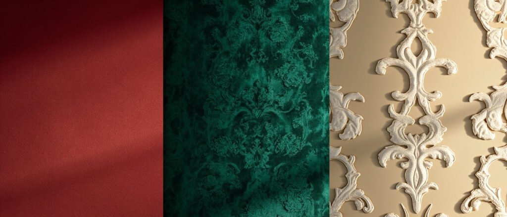 Trois drapés de velours rouge, émeraude ciselé et champagne dévoré.