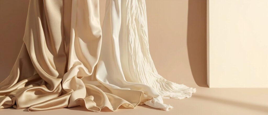 Trois drapés satinés — soie, polyester, coton — aux éclats distincts.