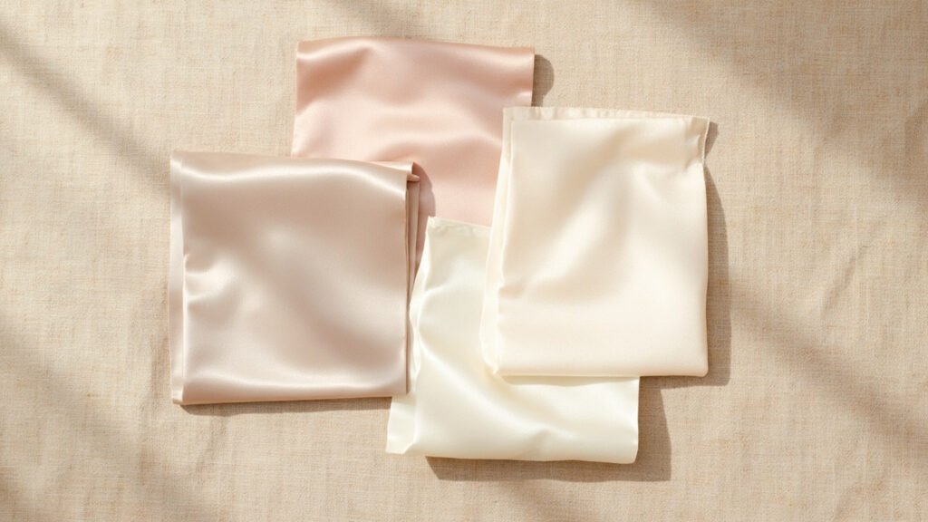 Trois échantillons de satin de fibres différentes sur lin brut.