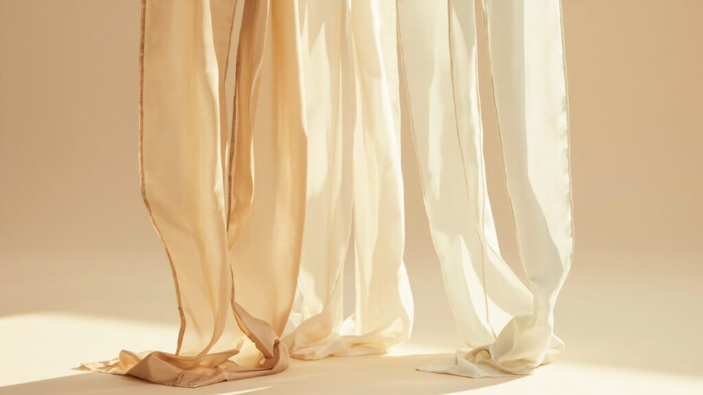 Trois échantillons de satin drapés, reflets et tombés différents.