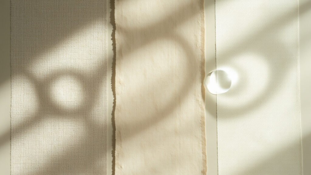 Trois échantillons de soie agrandis : toile, sergé, satin sous lumière rasante.