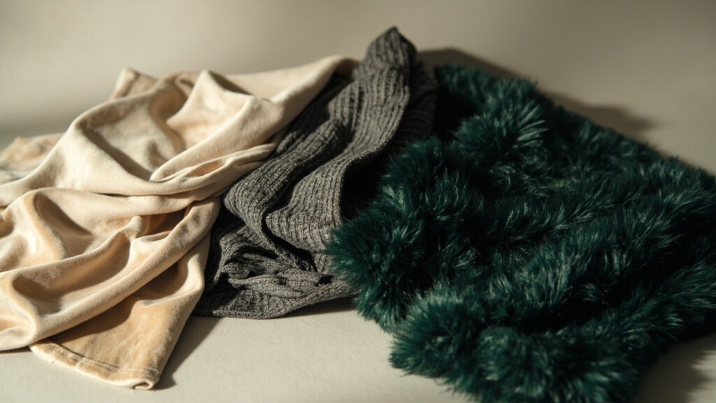 Trois échantillons de velours : soie fluide, coton tendu, mohair à poil profond.