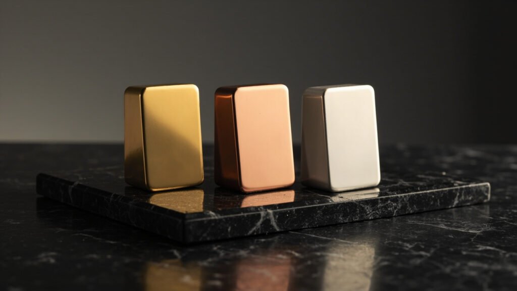 Trois lingots d'or poli, jaune, rose et blanc, alignés sur marbre noir.