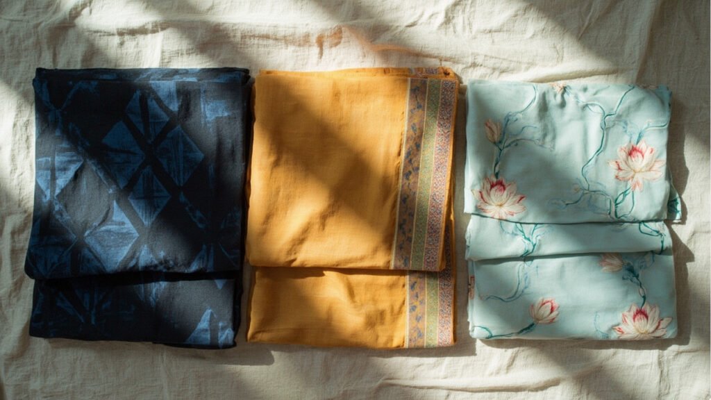Trois panneaux de soie — kimono indigo, sari safran, ao dai turquoise — sur lin.