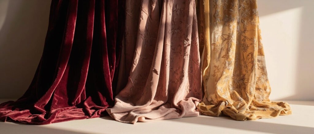 Trois panneaux de velours — ras, ciselé et dévoré — aux textures distinctes.