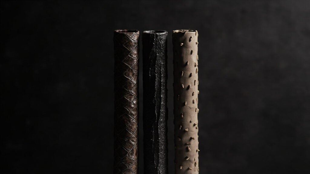 Trois rouleaux de cuir exotique : python, crocodile, autruche.
