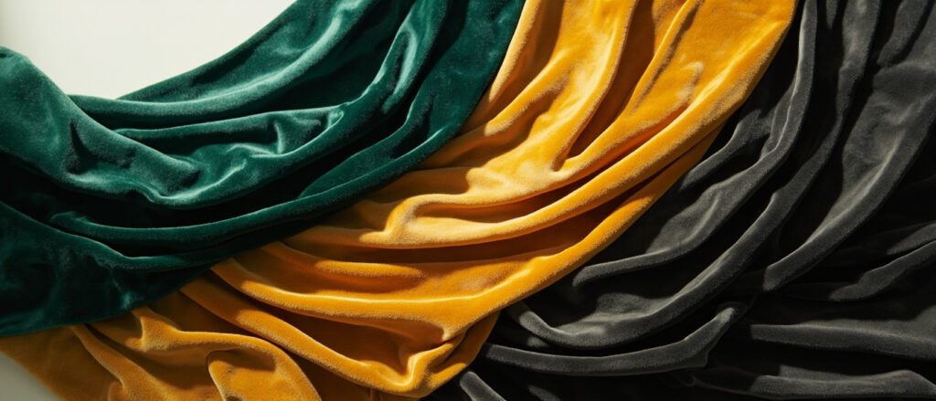 Trois velours synthétiques drapés en plis profonds, lumière douce révélant la matière.