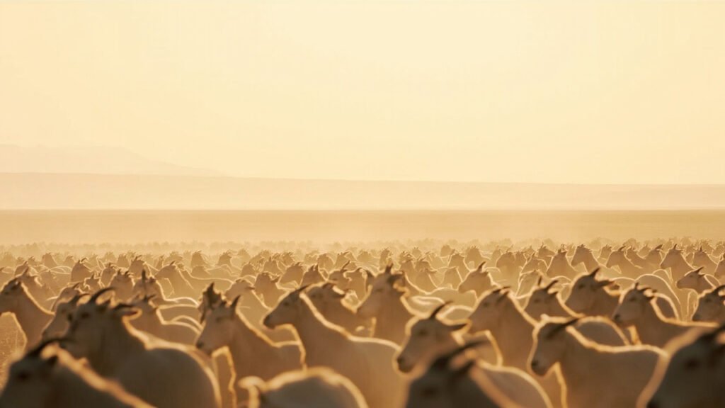 Troupeaux de chèvres cachemire alignés à l'horizon poussiéreux.