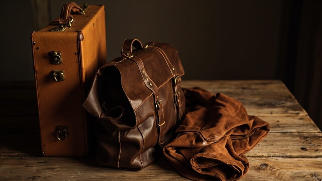 Valise, sacoche et veste en cuir patiné sur planche de bois.