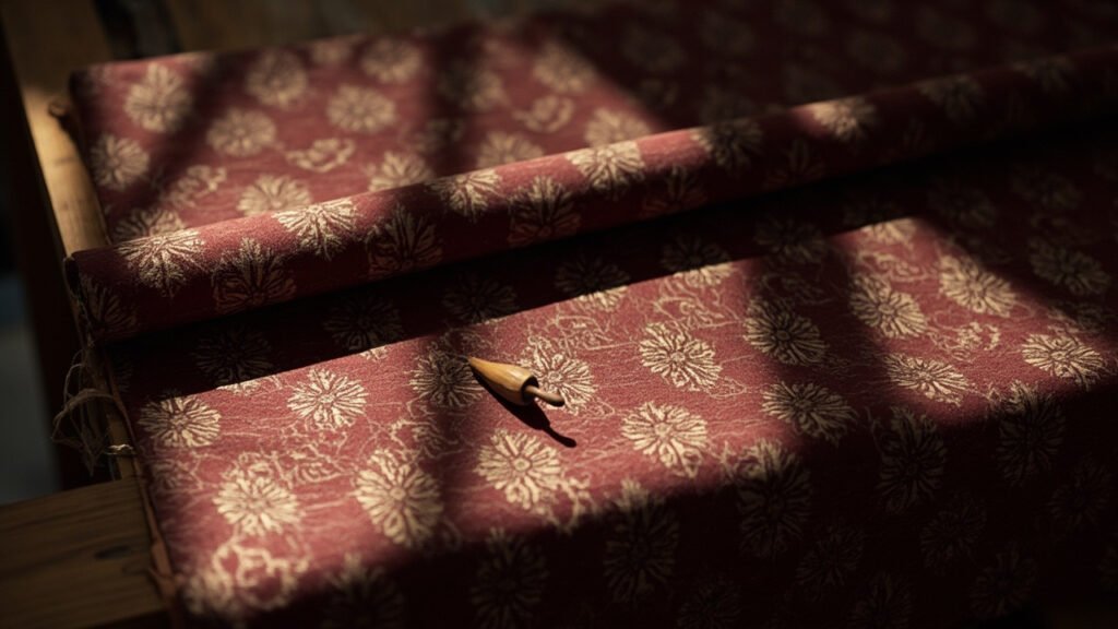 Velours Jacquard à motif géométrique, navette en bois.