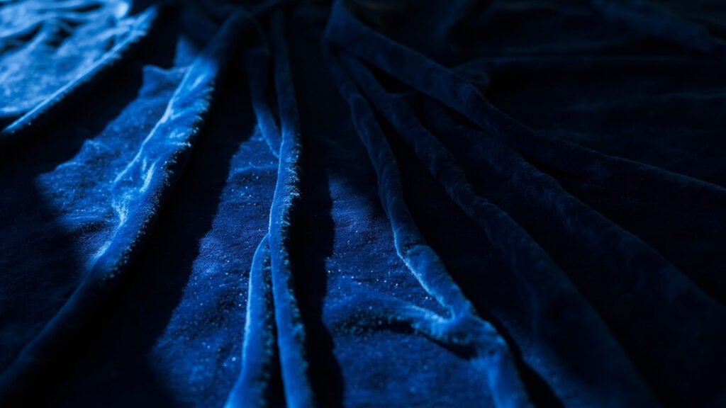 Velours bleu nuit plissé, reflets saphir et ombres profondes.