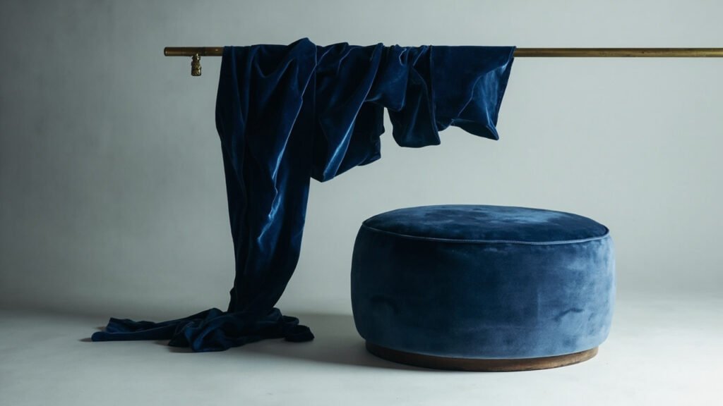 Velours bleu saphir tendu sur ottoman, même velours en plis.