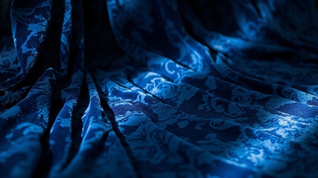 Velours ciselé bleu saphir drapé, motifs en relief sculptés.