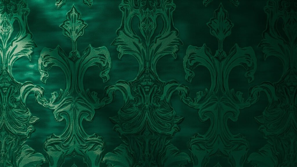 Velours ciselé émeraude avec motif végétal en relief contrasté.
