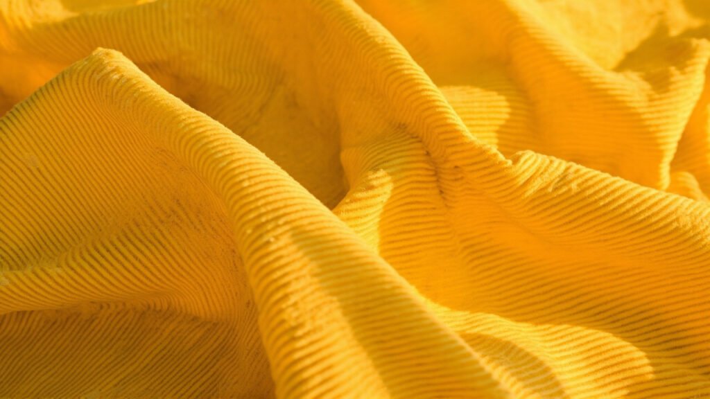 Velours côtelé jaune moutarde aux plis fluides.