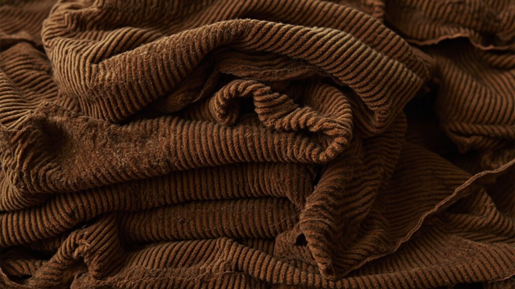 Velours côtelé tabac épais plié en piles.