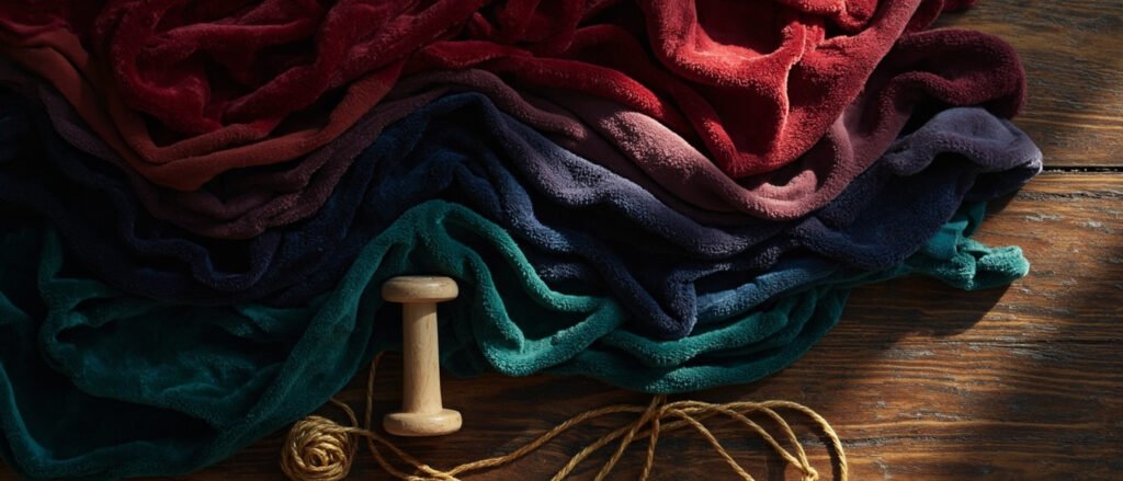 Velours cramoisi, indigo, émeraude et améthyste drapés sur noyer foncé.