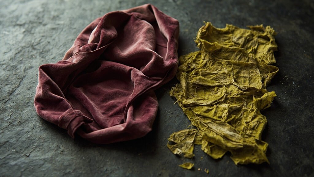 Velours de soie aubergine et velours synthétique côte à côte.
