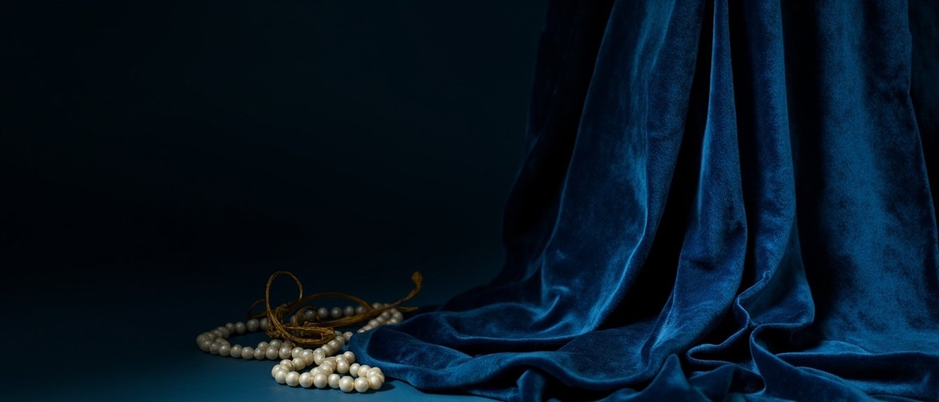 Velours de soie bleu nuit drapé, perles crème, fil d'or, lumière rasante.