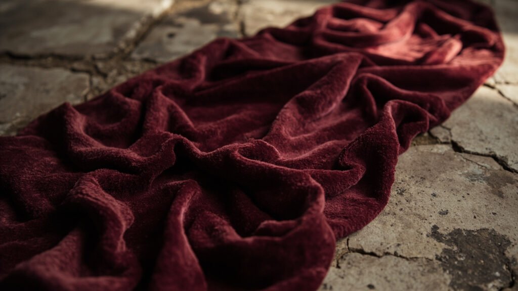 Velours de soie bordeaux drapé, plis profonds captant la lumière.