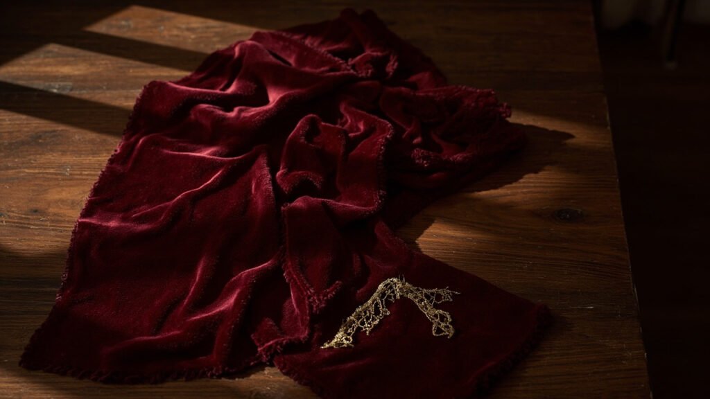 Velours de soie cramoisi plissé, reflet Byzantin et fil d'or.