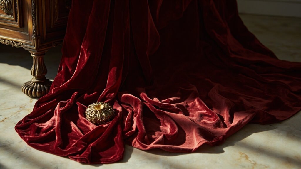 Velours de soie cramoisie débordant d'un coffret sculpté