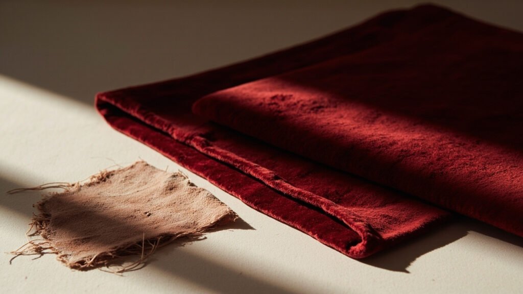 Velours de soie écarlate intact plié près d'un fragment de velours élimé.