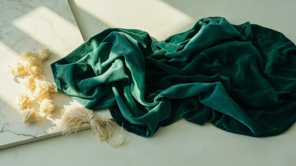 Velours de soie émeraude drapé, cocons et fils de soie brute