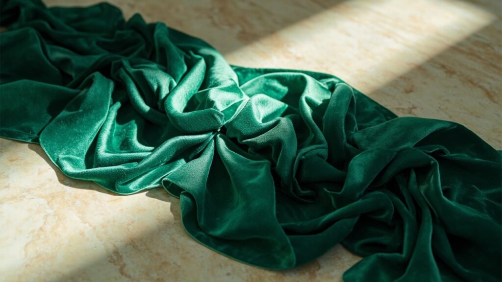 Velours de soie émeraude drapé en plis sculpturaux sur travertin clair.