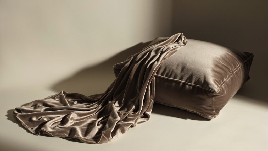 Velours de soie fluide à côté d'un coussin en mohair.