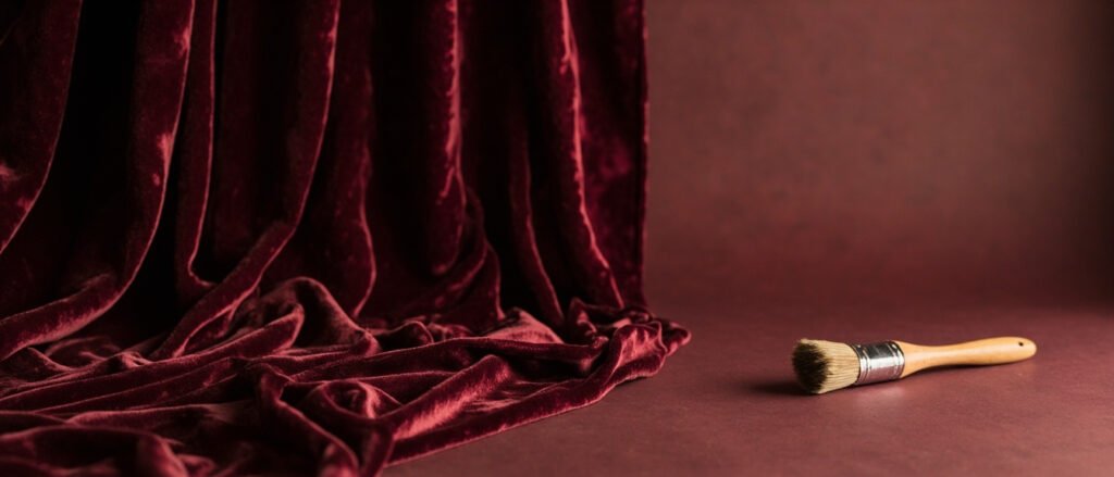Velours de soie grenat ancien drapé, plis lumineux, pinceau de restauration délicat.