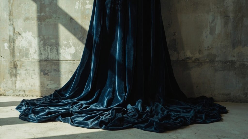 Velours de soie noir en pli sculptural contre béton brut.