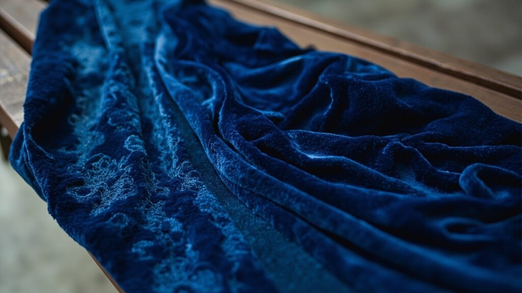 Velours dévoré bleu saphir drapé, motif floral translucide sur fond de poil.