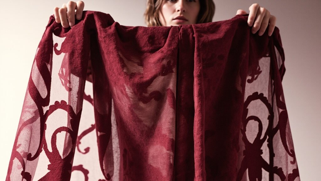 Velours dévoré bordeaux, motifs opaques sur fond translucide lumineux.