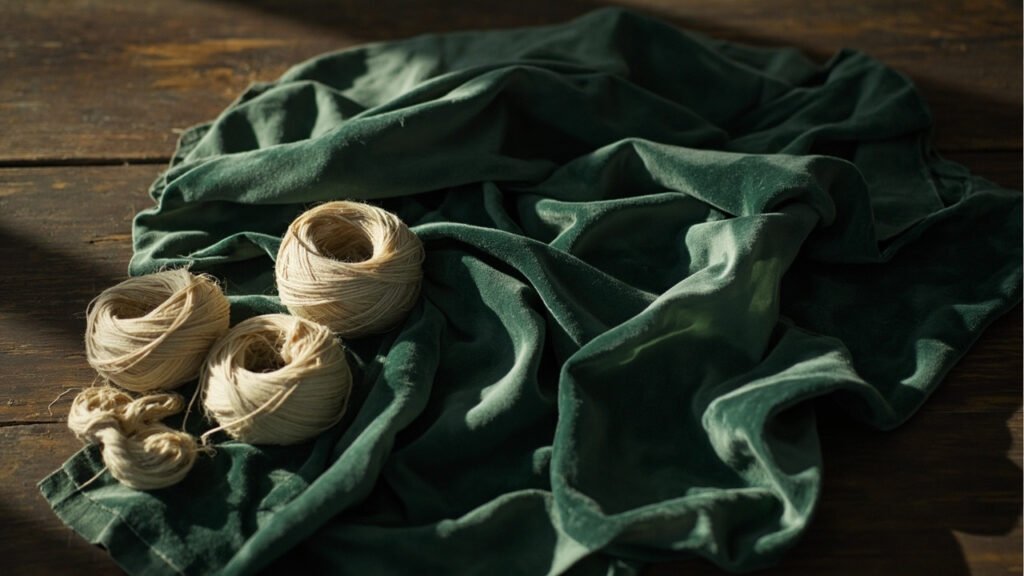 Velours émeraude antique plissé avec cônes de soie écrue.