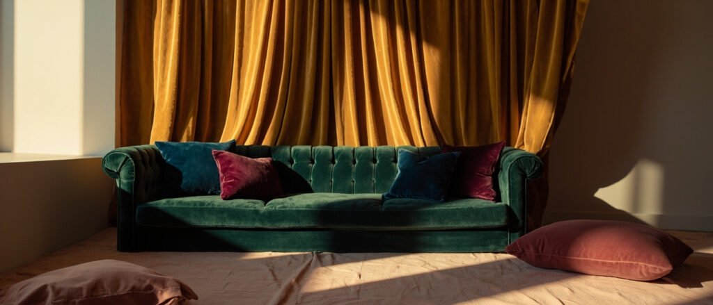 Velours émeraude, saphir, Bourgogne et moutarde dans un intérieur luxueux et lumineux.