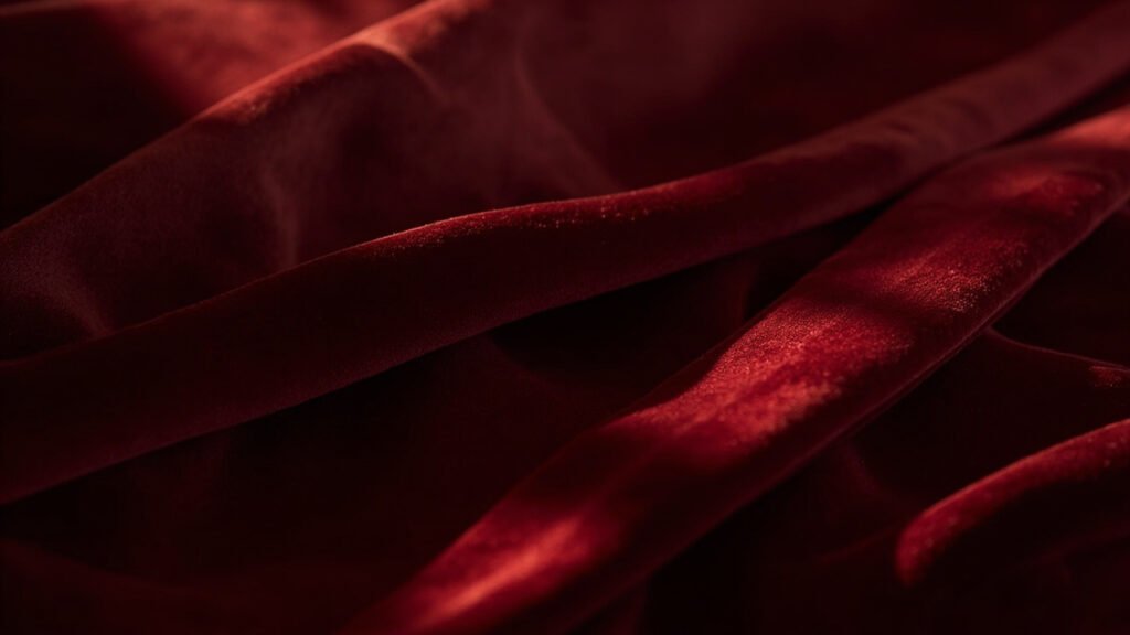 Velours grenat plié, jeu de lumière rubis sur les plis.