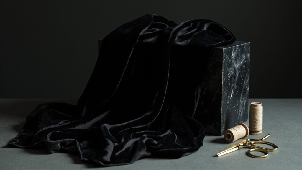 Velours noir sculptural drapé sur socle d'obsidienne