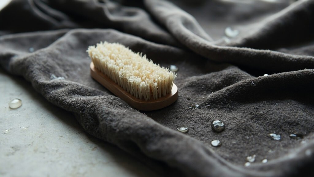 Velours performance gris graphite, gouttelettes perlantes et brosse douce en bordure.