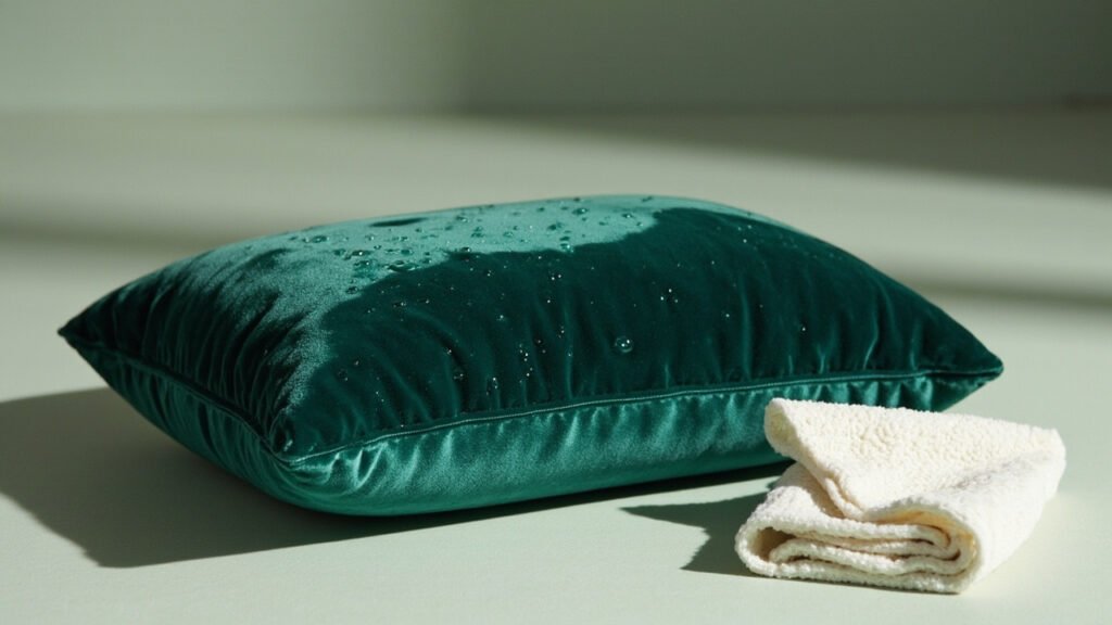 Velours polyester émeraude, gouttelettes perlées et microfibre.