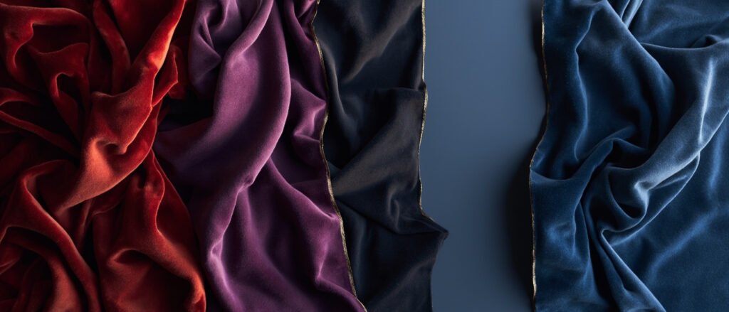 Velours pourpre et bleu nuit pliés, lumière chaude, composition panoramique.