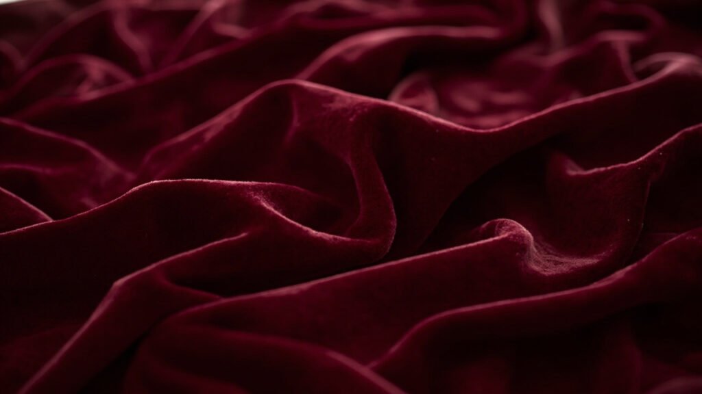 Velours ras bordeaux drapé, surface uniforme et mate.