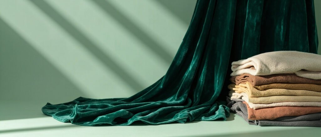 Velours ras émeraude drapé, daim, microfibre et peau de pêche.