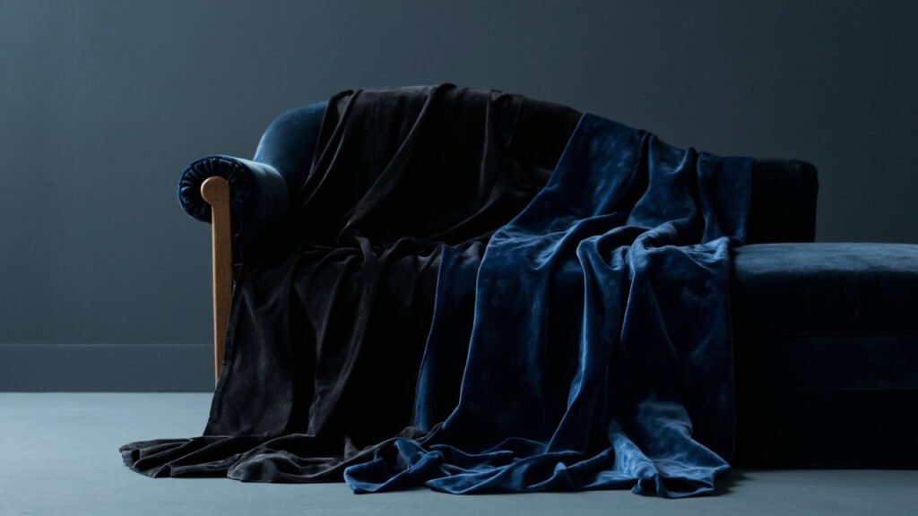 Velours recyclé bleu nuit drapé sur chaise longue, plis profonds.