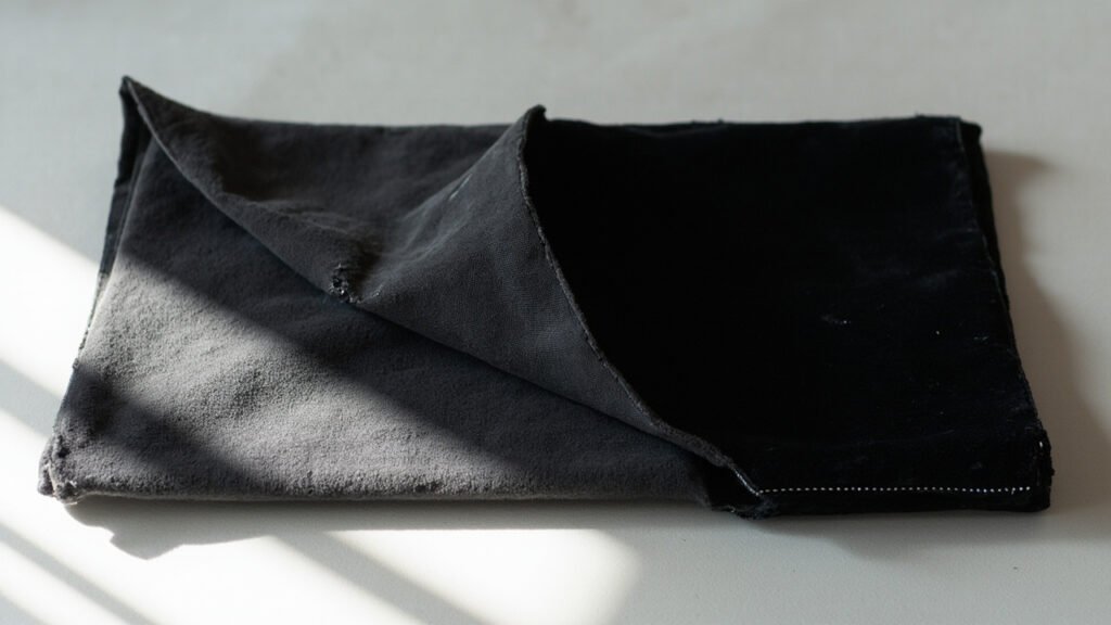 Velours recyclé plié, face poil brillante et envers mat, usure.