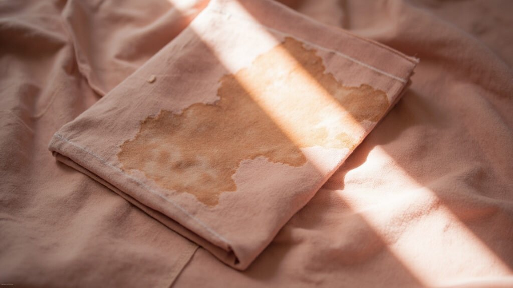 Velours rose abîmé : pli écrasé, tache d'eau et décoloration.