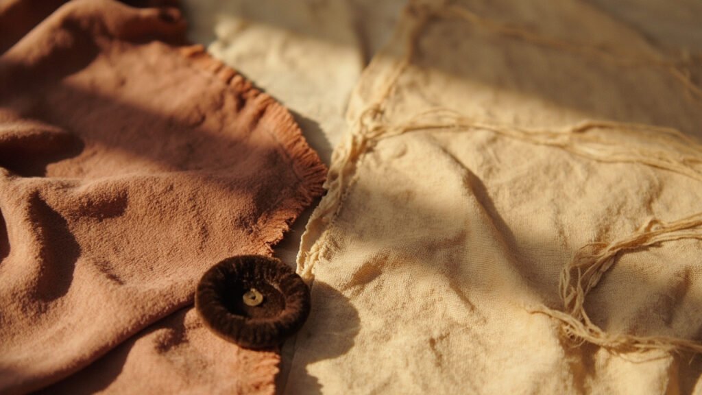 Velours rose ancien avec passementerie dorée et bouton recouvert.