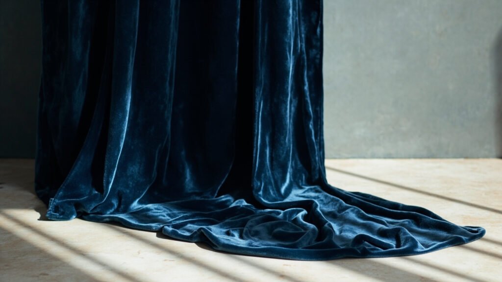Velours viscose bleu nuit drapé, reflets soyeux sur pierre claire.