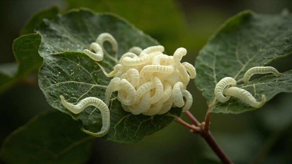 Vers à soie blancs sur feuilles de mûrier, cocons crème sur branche.